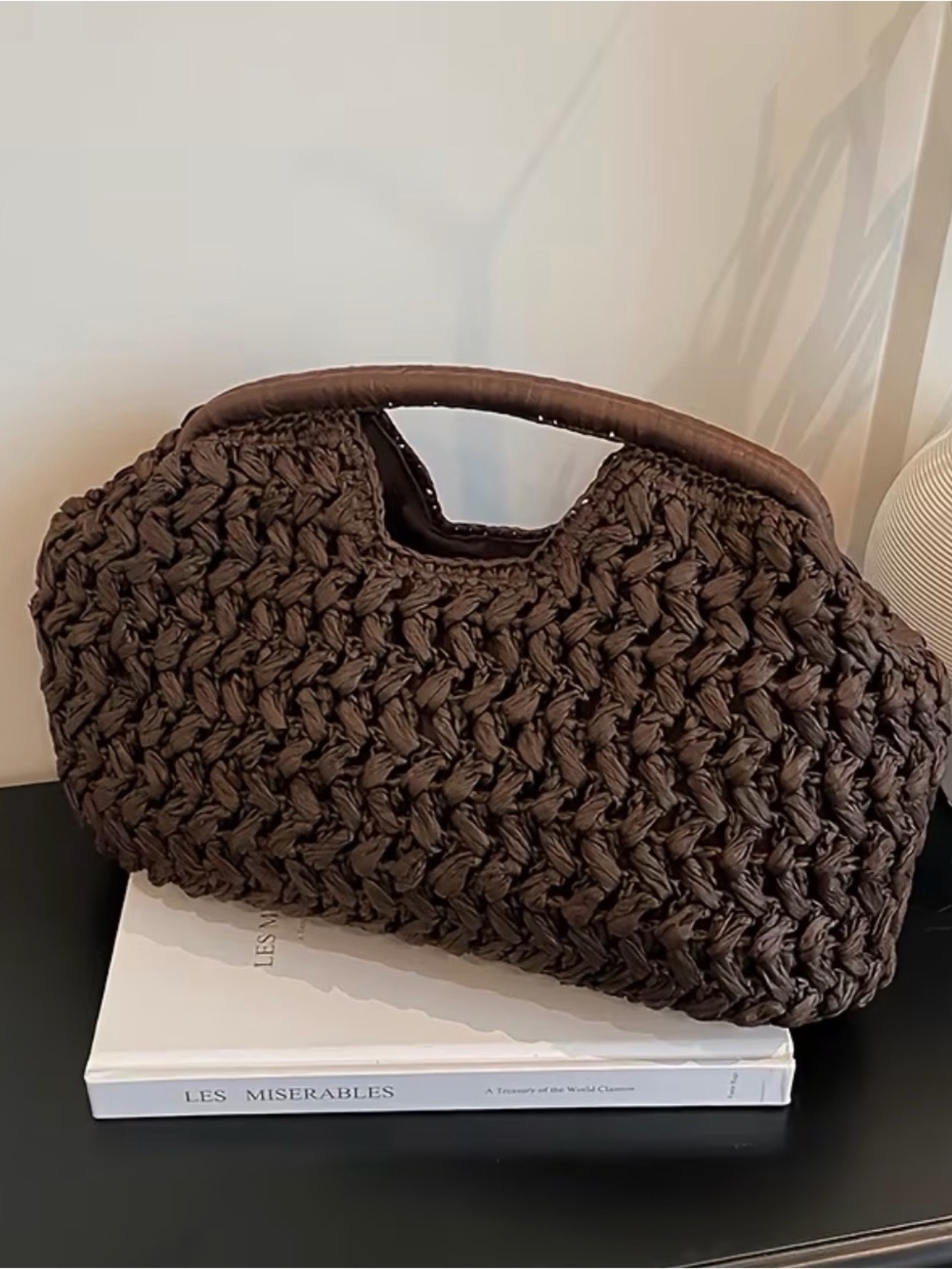Woven Crochet Handle Tote Bag - Brown